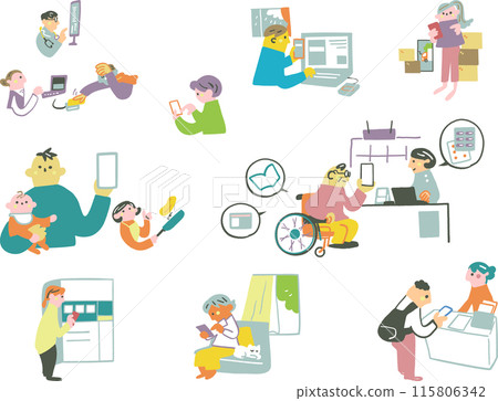 People using digitized My Number cards to access various services Set stock image 115806342