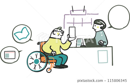 一名藥劑師和一名坐在輪椅上的男子使用智慧型手機在配藥藥房管理藥品的庫存材料 115806345