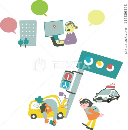 Traffic accident scene and responding operator - set of illustrations 115806368