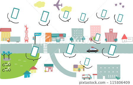 Smartphone, information, and city, or local city stock illustration material Smartphone, information, and city, or local city stock illustration material 115806409