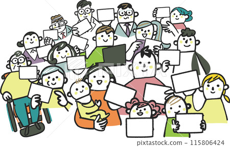 手裡拿著我的號碼卡或卡片的各種人 庫存插圖材料 115806424