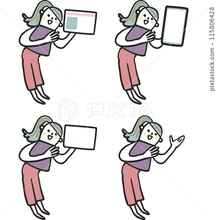 一名年輕女子舉起智慧型手機、我的號碼卡、卡片或手的庫存插圖素材。 115806428