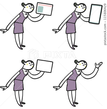 一位戴著智慧型手機、我的號碼卡、卡片或製服舉起手的女性的庫存插圖素材集 115806429