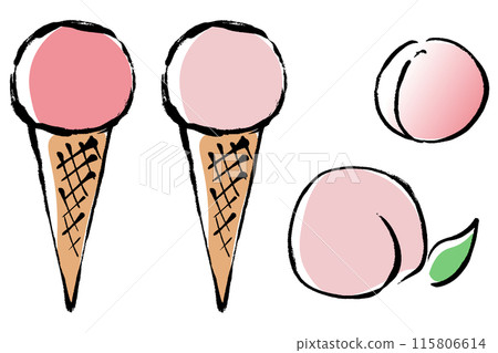 A set of brush-drawn peach-flavored ice cream illustrations 115806614