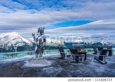 Banff, AB, Canada - OCT 31 2020 : Banff Gondola station Sky Bistro observation deck. Sulphur Mountain summit, Banff National Park, Canadian Rockies. 115806723