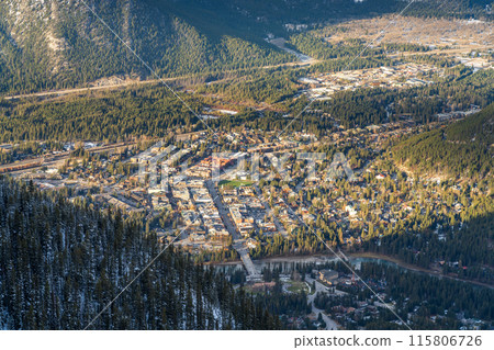 Aerial view of Town of Banff. Banff National Park, Canadian Rockies, Alberta, Canada. Aerial view of Town of Banff. Banff National Park, Canadian Rockies, Alberta, Canada. 115806726