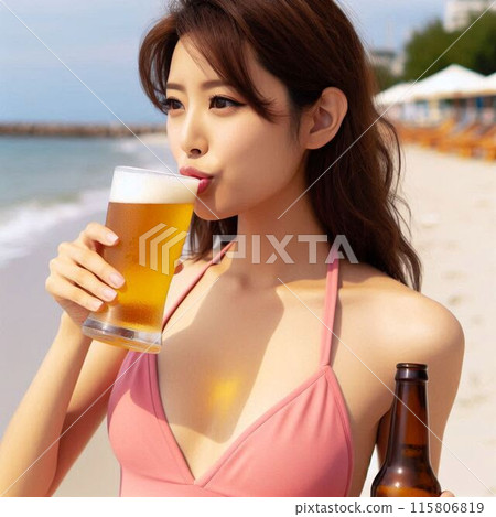 在海灘上喝啤酒的女人 115806819