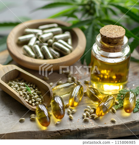 Close-up of cannabis oil It is extracted into oil capsules and powder capsules. 115806985