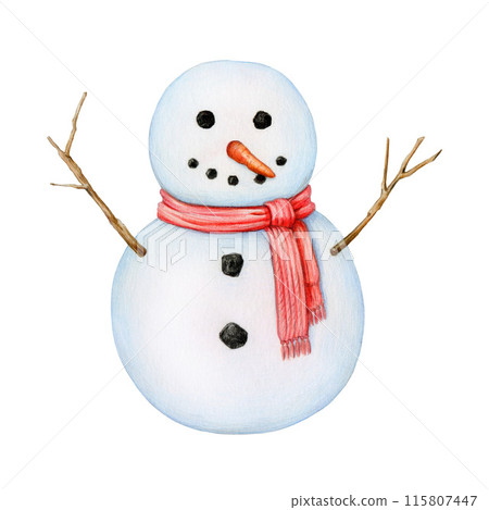 Funny snowman in red scarf. Painted vintage style illustration. Hand drawn smiling snowman traditional winter decoration from snow. Isolated on white background Funny snowman in red scarf. Painted vintage style illustration. Hand drawn smiling snowman traditional winter decoration from snow. Isolated on white background 115807447