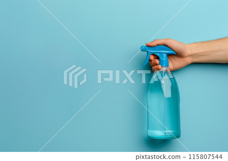 A person is holding a blue spray bottle 115807544