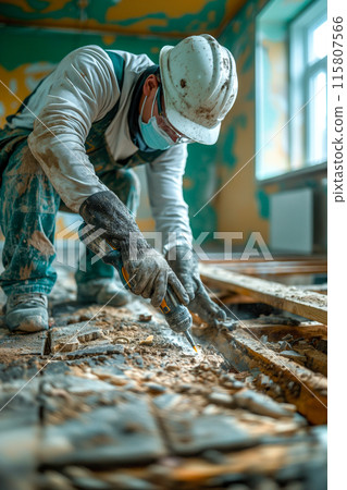 A man in a white shirt and green overalls is working on a project 115807566