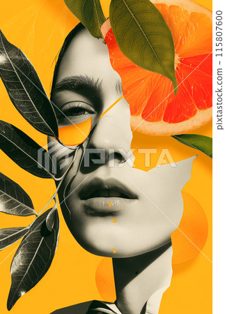A woman's face is surrounded by leaves and an orange A woman's face is surrounded by leaves and an orange 115807600