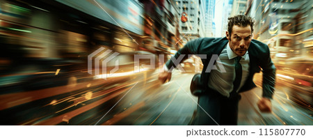 A businessman sprinting through a business district 115807770