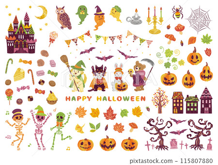 October Halloween costumed animals Jack-o'-lantern illustration set October Halloween costumed animals Jack-o'-lantern illustration set 115807880