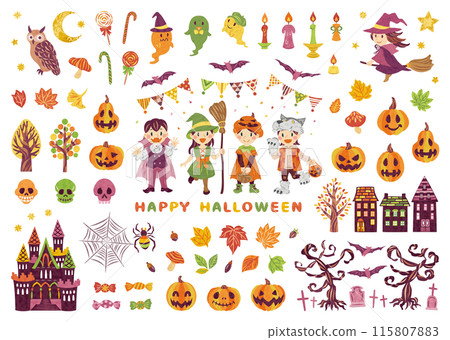 October Halloween costumed children Jack-o'-lantern illustration set 115807883