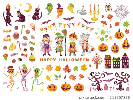 October Halloween costumed children Jack-o'-lantern illustration set 115807886