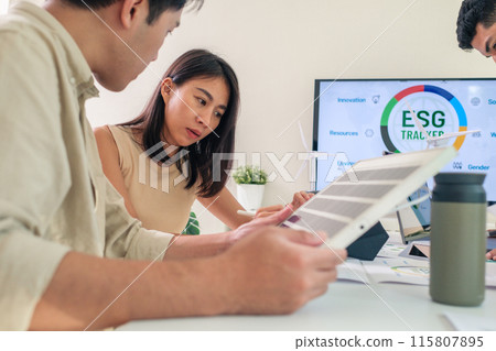 Diversity team presentation new design solar cell panel renewable energy innovation at office 115807895