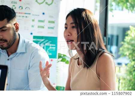 diversity team brainstorming discussion focused on ESG (environment,social,governance) for sdgs goals in a sustainable green office diversity team brainstorming discussion focused on ESG (environment,social,governance) for sdgs goals in a sustainable green office 115807902