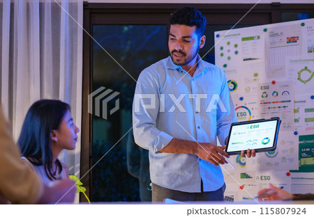 diversity team presentation about ESG (environment,socail,governance)  sustainability business goals sdgs in green office at night 115807924