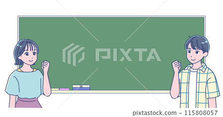 一個男孩和一個女孩微笑著揮舞著拳頭 115808057