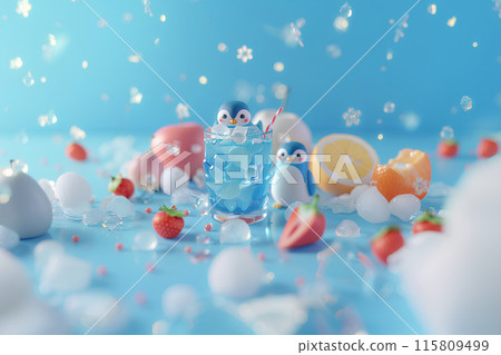 Cute penguin with glass and fruit 115809499