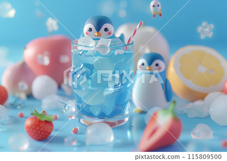 Cute penguin with glass and fruit 115809500