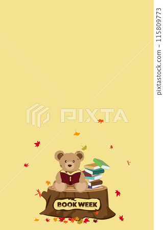 A BOOK WEEK illustration of a teddy bear reading on a tree stump A BOOK WEEK illustration of a teddy bear reading on a tree stump 115809773