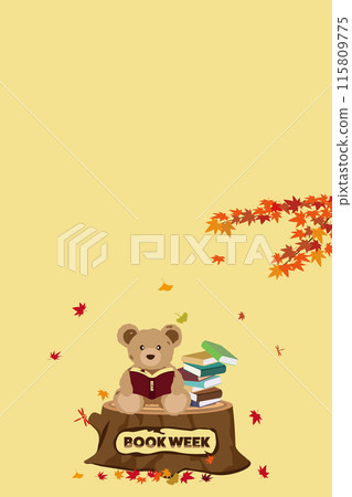圖書週插圖：秋葉景觀和在樹樁上閱讀的泰迪熊 115809775