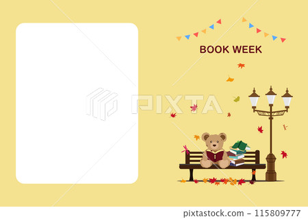 A BOOK WEEK illustration of a teddy bear reading on a bench with a note 115809777