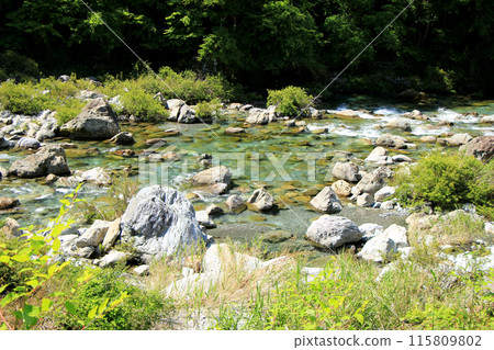 The clear, emerald-green Asemi River The clear, emerald-green Asemi River 115809802