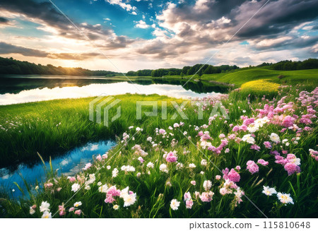 AI generated image, beautiful landscape with flowers and lake on blue sky and clouds background AI generated image, beautiful landscape with flowers and lake on blue sky and clouds background 115810648