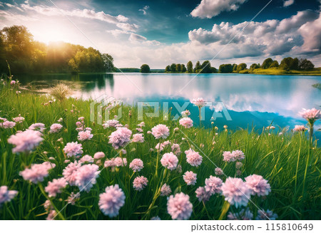AI generated image, beautiful landscape with flowers and lake on blue sky and clouds background AI generated image, beautiful landscape with flowers and lake on blue sky and clouds background 115810649