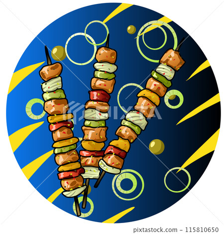 Barbecue on sticks with vegetables and spices on the background of onion rings and blue gradient filling in a circle. Vector illustration colored vegetables and meat on a stick cooked over grilled Barbecue on sticks with vegetables and spices on the background of onion rings and blue gradient filling in a circle. Vector illustration colored vegetables and meat on a stick cooked over grilled 115810650
