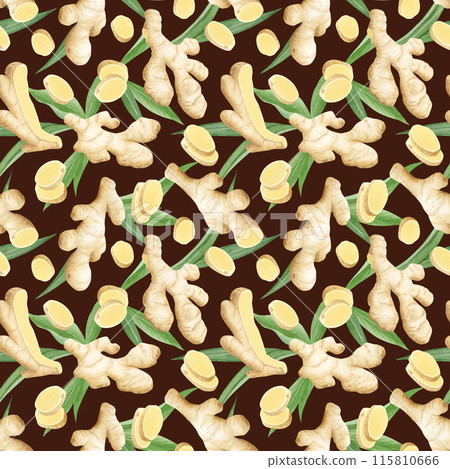 Watercolor ginger roots, slices and leaves watercolor seamless pattern on dark brown. Hand drawn background with horseradish for kitchen textile, spicy food packaging, vegan menu or herbal tea Watercolor ginger roots, slices and leaves watercolor seamless pattern on dark brown. Hand drawn background with horseradish for kitchen textile, spicy food packaging, vegan menu or herbal tea 115810666