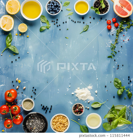 Tomato soup with roasted tomatoes, basil, ingredients and toast on a flat color background. use as background. 115811444