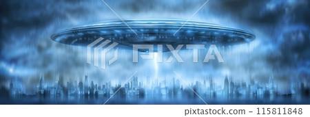 Alien invasion. An alien spaceship hovered over a densely populated city. 115811848