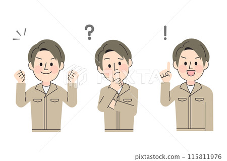 Three types of upper body poses of a man wearing work clothes Three types of upper body poses of a man wearing work clothes 115811976