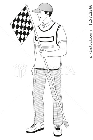smiling golf club staff character African American male caddie with flag smiling golf club staff character African American male caddie with flag 115812266