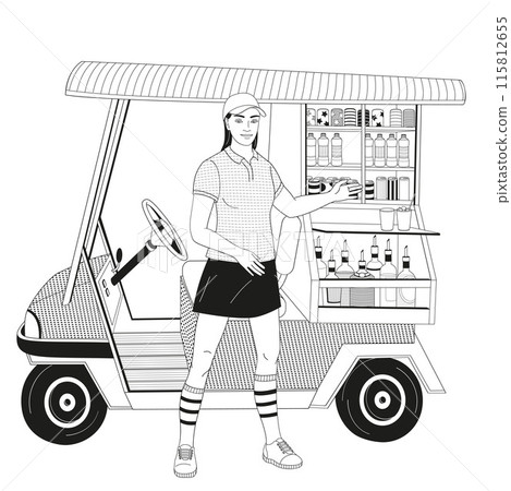 smiling golf club staff character female caddie with beverage golf car smiling golf club staff character female caddie with beverage golf car 115812655
