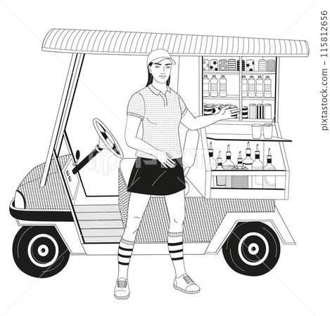 smiling golf club staff character African American female caddie with beverage golf car 115812656