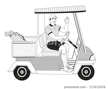 smiling golf club staff character male caddie driving a golf cart 115812658