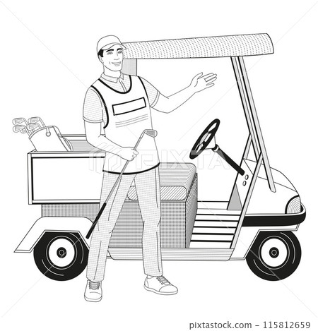 smiling golf club staff character  male caddie with golf car buggy smiling golf club staff character  male caddie with golf car buggy 115812659