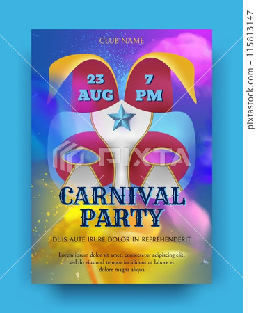 Carnival party background. Invitation and greeting design. Vertical banner. Realistic mask and colorful backdrop. Masquerade celebration. Entertainment theatrical performance. Vector illustration 115813147