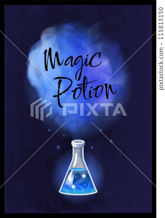 Magic potion. Elixir bottle. Mystery blue liquid. Magical poison drink. Glass vial with toxic smoke. Wizard alchemy lab. Poisonous steam. Fantasy beverage jar. Halloween card. Vector witchcraft phial Magic potion. Elixir bottle. Mystery blue liquid. Magical poison drink. Glass vial with toxic smoke. Wizard alchemy lab. Poisonous steam. Fantasy beverage jar. Halloween card. Vector witchcraft phial 115813150