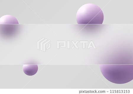 Website landing page template in glass morphism style. Frosted glass partition with floating spheres. 115813153