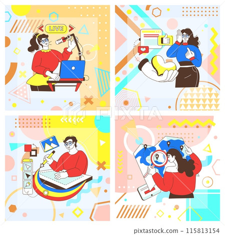 Creative geometric cards. People create social media content. Woman recording podcast. Live streaming. Web designer. Blog subscribe. Followers location map. Abstract Memphis shapes. Vector banners set 115813154