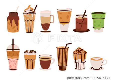 Coffee cup. Ice latte mug. Cafe icon, beverage cappuccino glass. Drink hot and cold. Menu doodle isolated elements. Americano and espresso with cream and milk. Vector cartoon flat style illustration 115813177