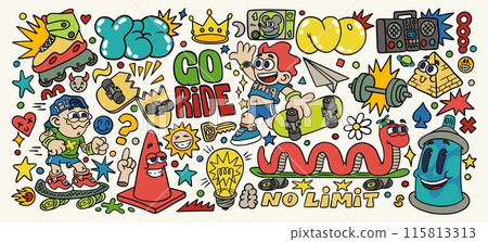 Skating stickers. Boys cool print. Music party. Cartoon street skater. Road cone. Retro emoji. Worm on skateboard. Funky acid style. Doodle happy characters. Hipster quote. Vector abstract patches set 115813313