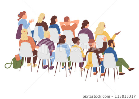 Conference audience. Seminar meeting. Workshop event, training chair, participant, sit back side. Business lecture, person auditorium. Vector garish cartoon flat style isolated on white illustration Conference audience. Seminar meeting. Workshop event, training chair, participant, sit back side. Business lecture, person auditorium. Vector garish cartoon flat style isolated on white illustration 115813317