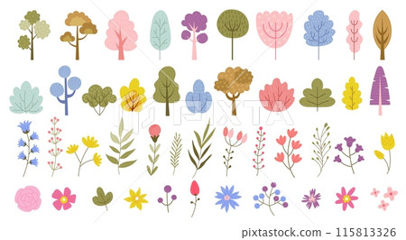Tree and flower. Forest plants. Park shrub. Bush foliage. Spring vegetation. Meadow grass and wildflowers. Blossom buds. Colorful branches. Natural hedge. Minimal landscape elements vector flat set Tree and flower. Forest plants. Park shrub. Bush foliage. Spring vegetation. Meadow grass and wildflowers. Blossom buds. Colorful branches. Natural hedge. Minimal landscape elements vector flat set 115813326